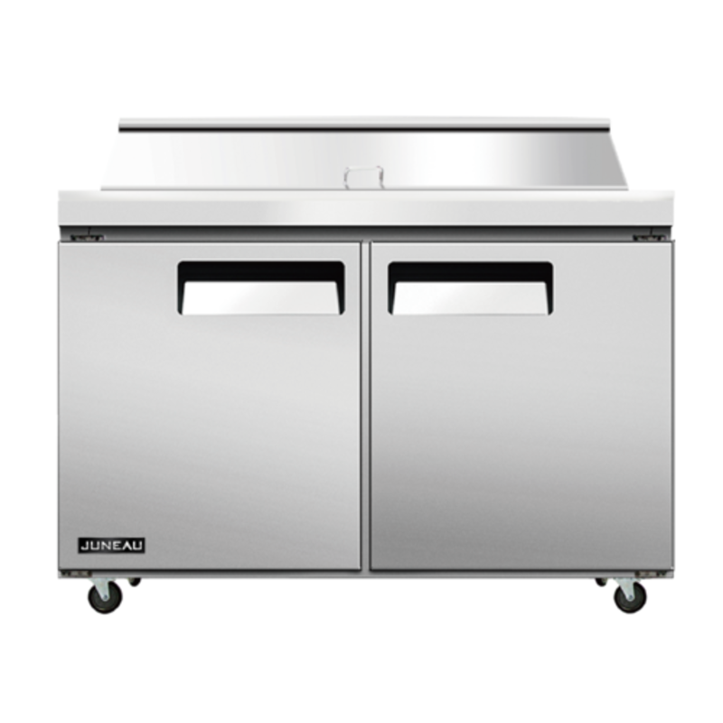 Refrigerated Sandwich Prep Table Juneau Series with Dual Doors for Easy Access and Organization of Ingredients.