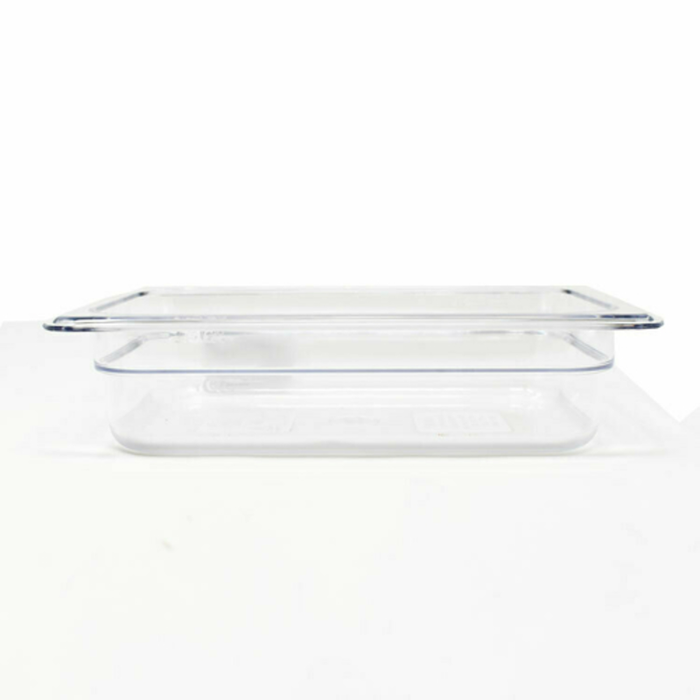 Alt Tag: Omcan 80044 Clear Polycarbonate 1/4 Size 6-inch Deep Food Pan, clear 1/4 size 6-inch deep food pan with lid for commercial kitchen