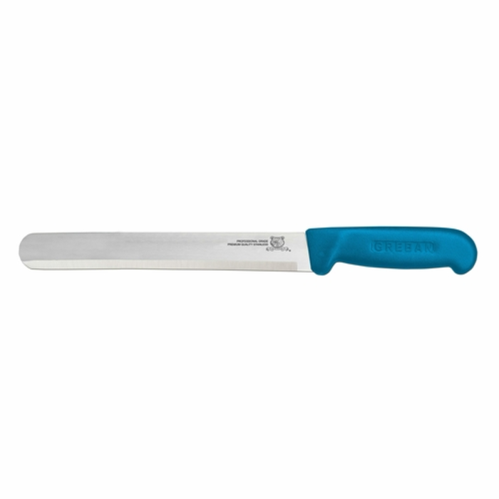 Alt Tag: Omcan 12543 Professional 12-inch Straight Slicer Knife with Blue Handle, long straight stainless blade and blue handle for deli meat slicing