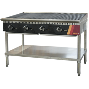 Stainless Steel Open Base Equipment Stand Featuring Multiple Burners And A Sturdy Lower Shelf For Kitchen Efficiency.
