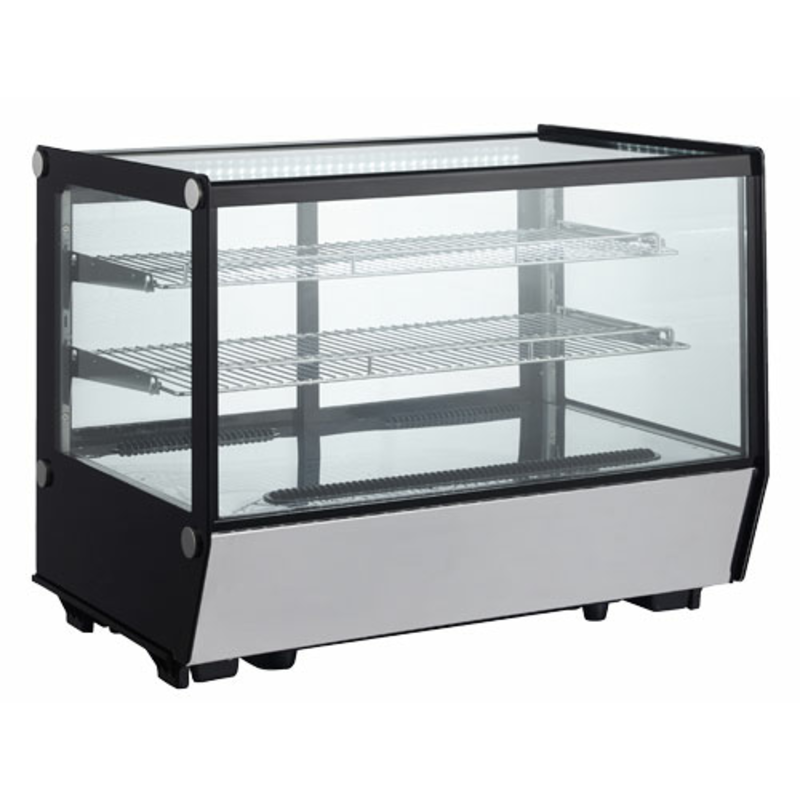 Alt Tag: Omcan 47278 35-inch Countertop Refrigerated Showcase Display Case square glass 360° view countertop refrigerated display with shelves
