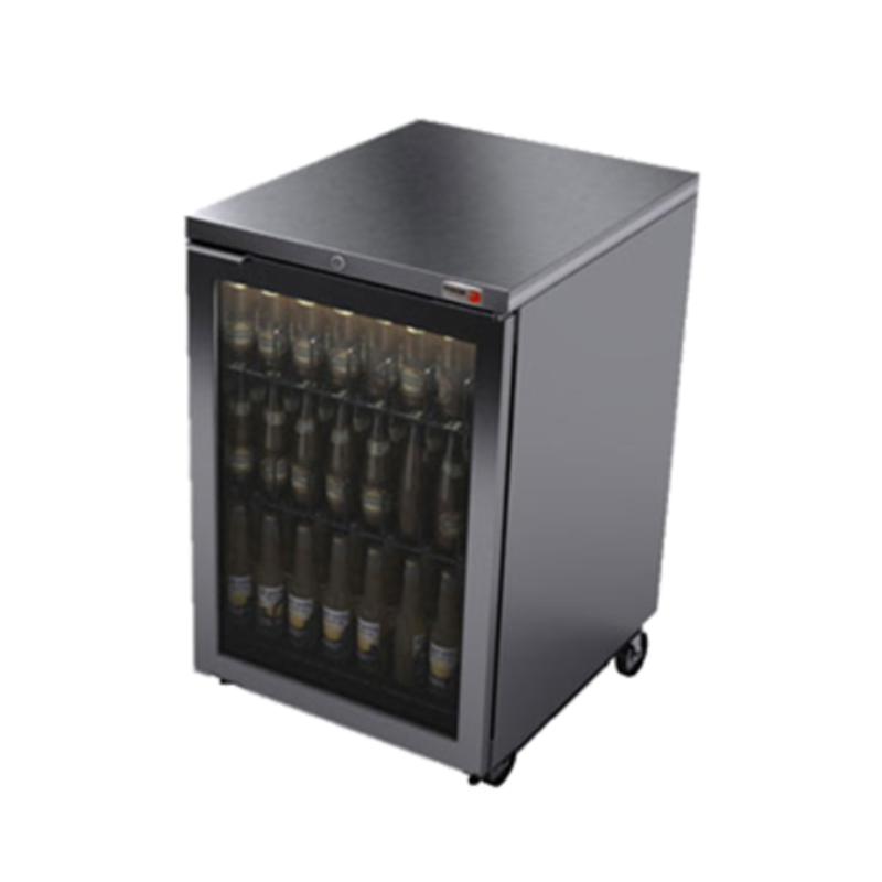 Fagor FBB-24GS-N 25" Glass Door Back Bar Cooler showing bottles inside, perfect for beverage service in bars and restaurants.