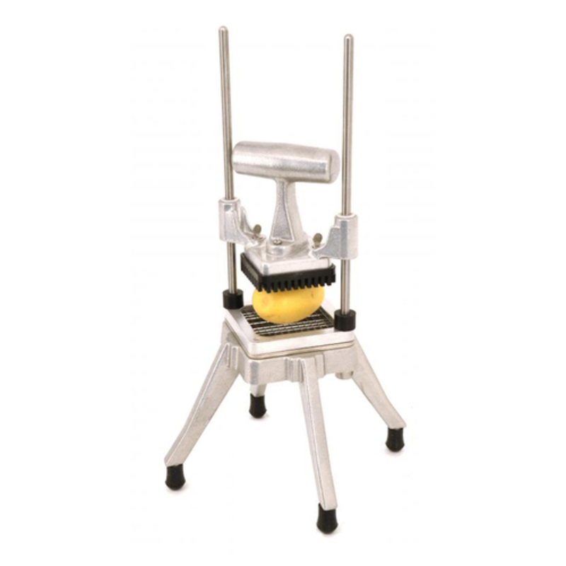 Omcan 41861 Commercial Heavy-Duty Manual French Fry Cutter with 3/8-inch Blade slicing potato into uniform fries