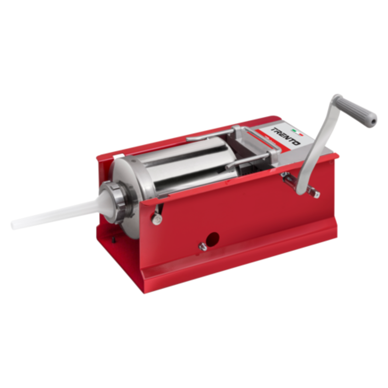 Alt Tag: Trento Manual 2-Speed Horizontal Sausage Stuffer 3 Liter Capacity red manual sausage stuffer with crank handle and stainless steel cylinder