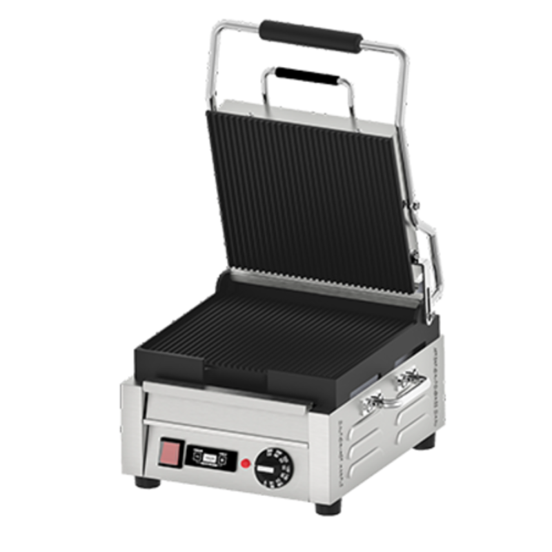 Omcan Electric Panini Grill With 10" X 11" Grooved Surfaces, Commercial-Grade Stainless Steel Design