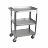 Stainless Steel Bussing Cart With Three Shelves And Rubber Wheels For Easy Mobility And Organization.