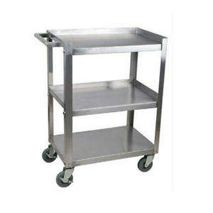 Stainless Steel Bussing Cart With Three Shelves And Rubber Wheels For Easy Mobility And Organization.