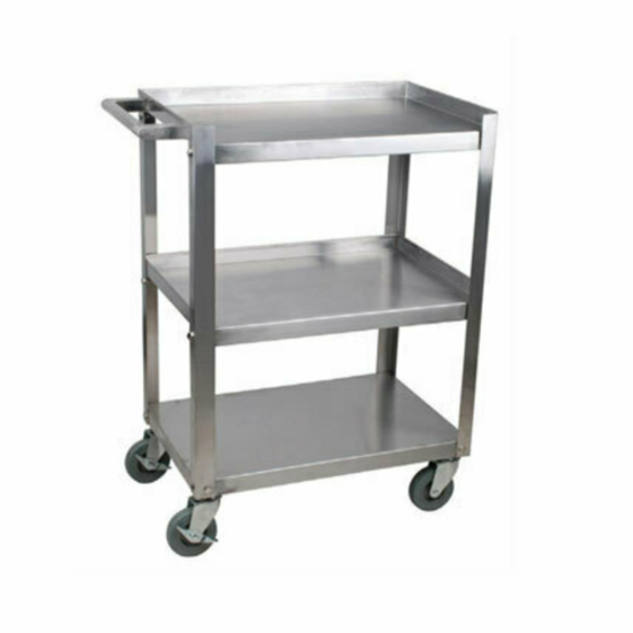 Stainless Steel Bussing Cart With Three Shelves And Rubber Wheels For Easy Mobility And Organization.