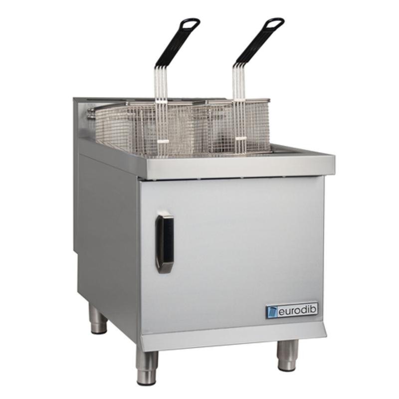 Alt Tag: Eurodib CF30 30 lb. Gas Countertop Full Pot Fryer commercial stainless steel deep fryer with twin baskets