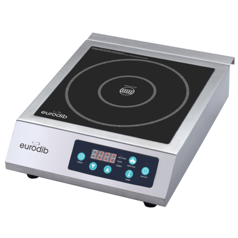 Étiquette alternative : Eurodib CI1800 Commercial 12,9" de largeur Surface de comptoir à induction à un seul brûleur Brûleur à induction en acier inoxydable avec commandes numériques