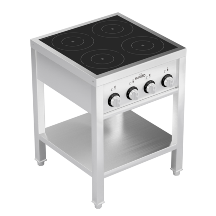 Alt Tag: EURODIB 4-Burner Commercial Heavy-Duty Floor Model Induction Range stainless steel 208V 3-phase floor unit with 4 induction zones