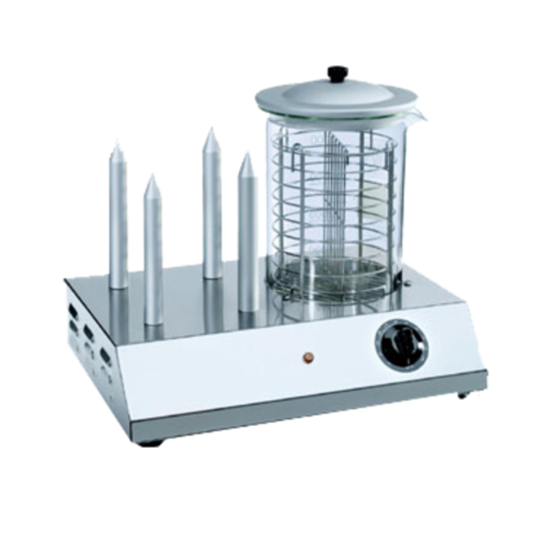 Alt Tag: Eurodib HOTDOG Commercial 150 Hot Dog and 30 Bun Capacity Steamer countertop hot dog steamer with bun spikes and glass chamber