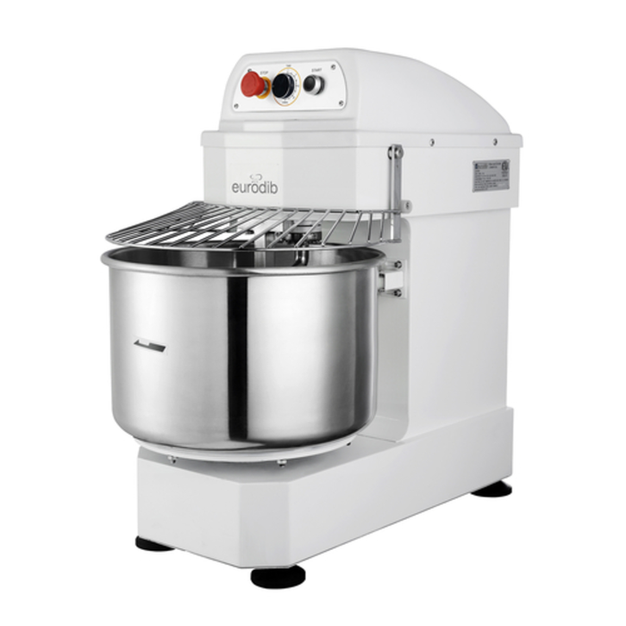Eurodib LM30T Commercial Spiral Dough Mixer 30 Quart Capacity with stainless steel bowl and safety guard for bakery and pizza dough