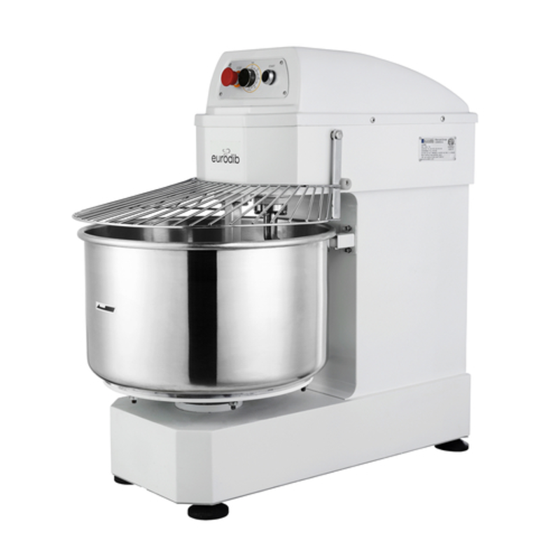 Eurodib LM50TETL 50 Quart Capacity Commercial Spiral Dough Mixer with stainless steel bowl and safety guard for bakery pizza dough