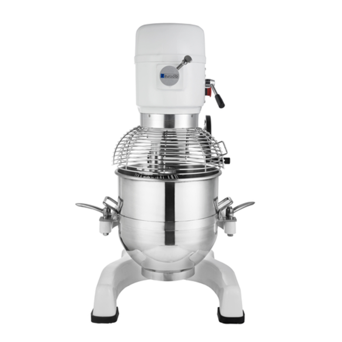 Eurodib M30AETL 30 Quart Heavy-Duty Commercial Planetary Mixer front view with stainless bowl and wire guard