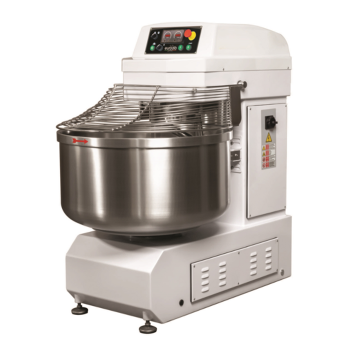 Alt Tag: Eurodib MSP60JETT 132 lbs Dough Capacity Commercial Spiral Mixer with stainless steel bowl and safety guard