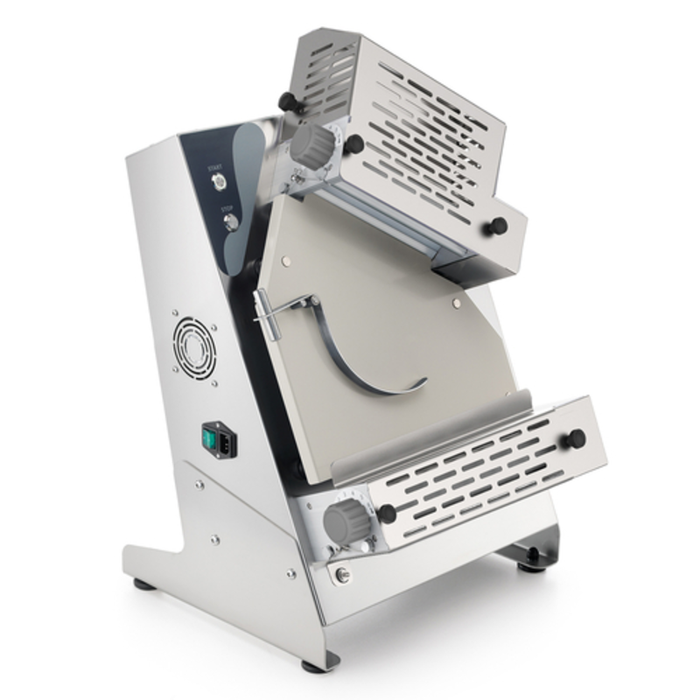 Alt Tag: Eurodib PROLL3202PLUS 12.6 inch Electric Countertop Dough Roller Sheeter two-roller Italian countertop dough sheeter for pizza and bread