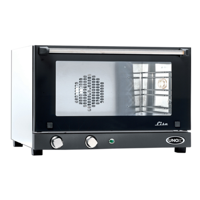 Alt Tag: Eurodib UNOX 1.4 Cu.Ft. Half Size Electric Convection Oven countertop electric convection oven with glass door and control knobs