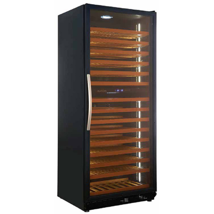 Eurodib USF328D 270 Bottle Dual Zone Freestanding Wine Cellar with glass door, LED lighting, and wood shelves freestanding