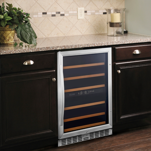 Eurodib USF54D 23.4" Dual Temperature 46 Bottle Wine Cooler built-in under-counter with stainless steel frame door in kitchen cabinetry