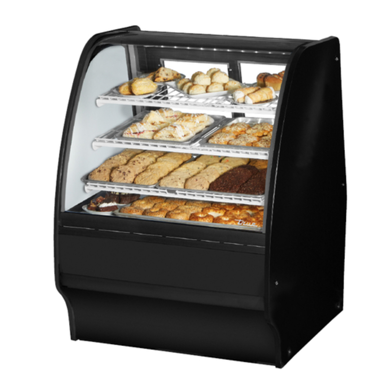 Curved Glass Bakery Display Case Featuring Assorted Baked Goods On Shelves In A Black Finish