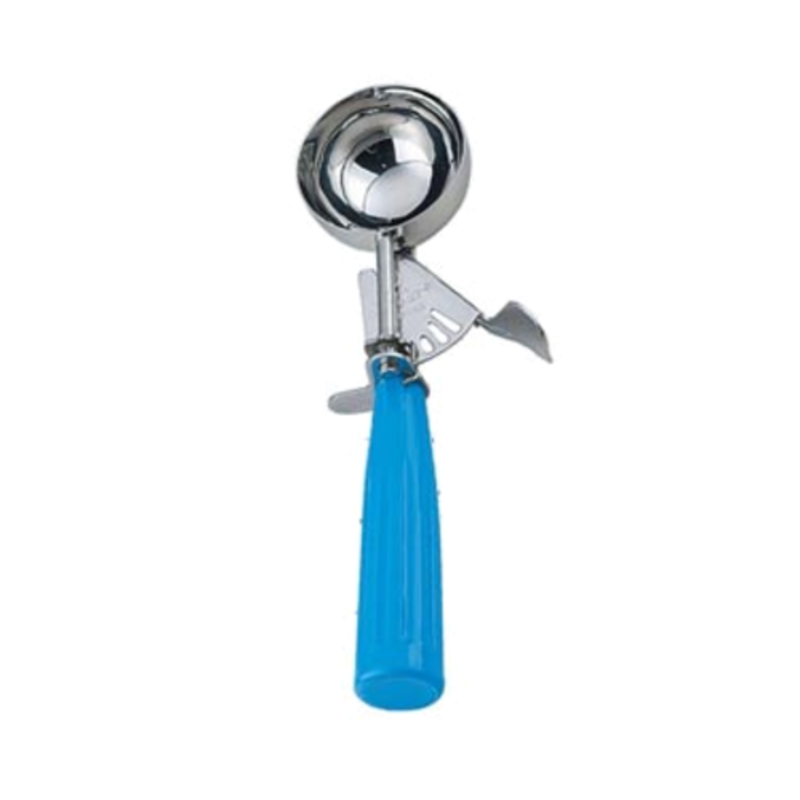 Alt Tag: Omcan 34844 Professional Stainless Steel Standard Round Bowl Disher, #16 / 2.25 oz. stainless steel portion scoop with blue handle