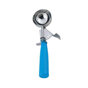 Alt Tag: Omcan 34844 Professional Stainless Steel Standard Round Bowl Disher, #16 / 2.25 oz. stainless steel portion scoop with blue handle
