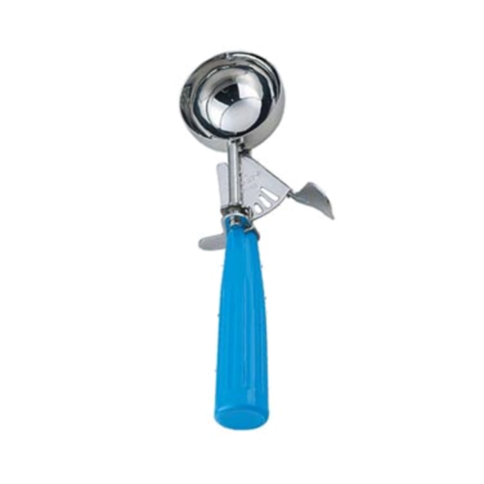 Alt Tag: Omcan 34844 Professional Stainless Steel Standard Round Bowl Disher, #16 / 2.25 oz. stainless steel portion scoop with blue handle