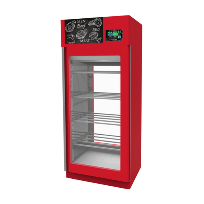 Armoire à affinement de viande Omcan 46183 150 kg Stagionelloevo Meuble de séchage rouge, rouge avec porte en verre et supports en acier inoxydable
