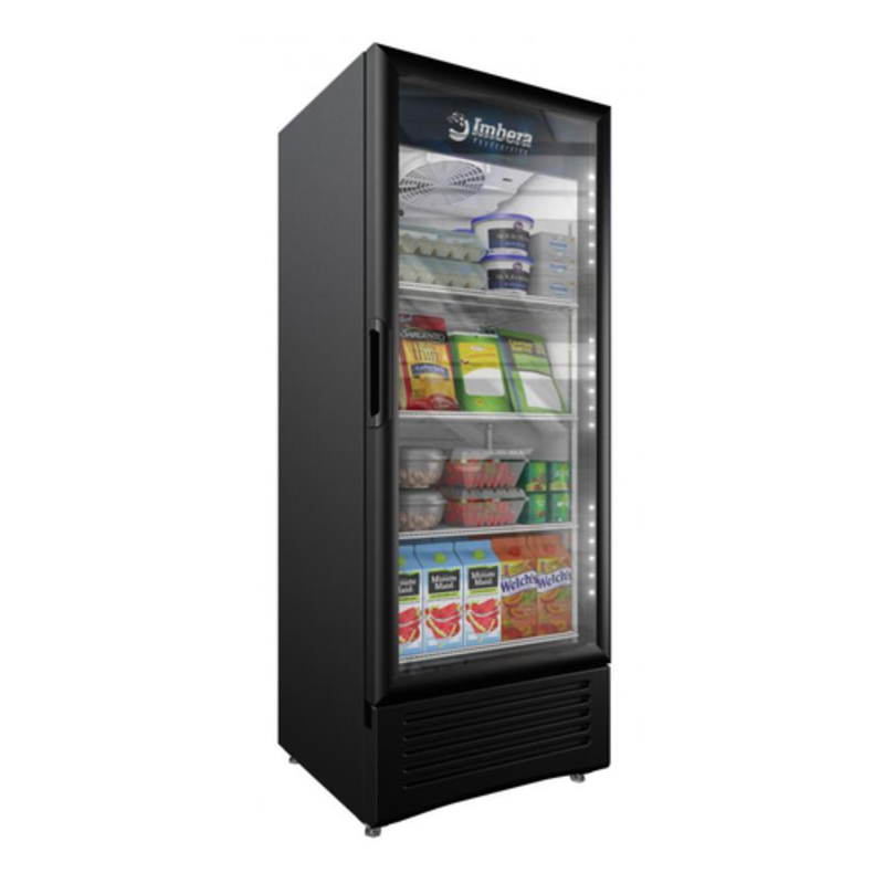 Glass Door Merchandiser Refrigerator Displaying Snacks And Beverages In A Retail Setting