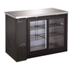 Alt Tag: OMCAN 51058 48-Inch Heavy Duty Glass Door Bottle Cooler black back bar fridge with sliding glass doors and wire shelves