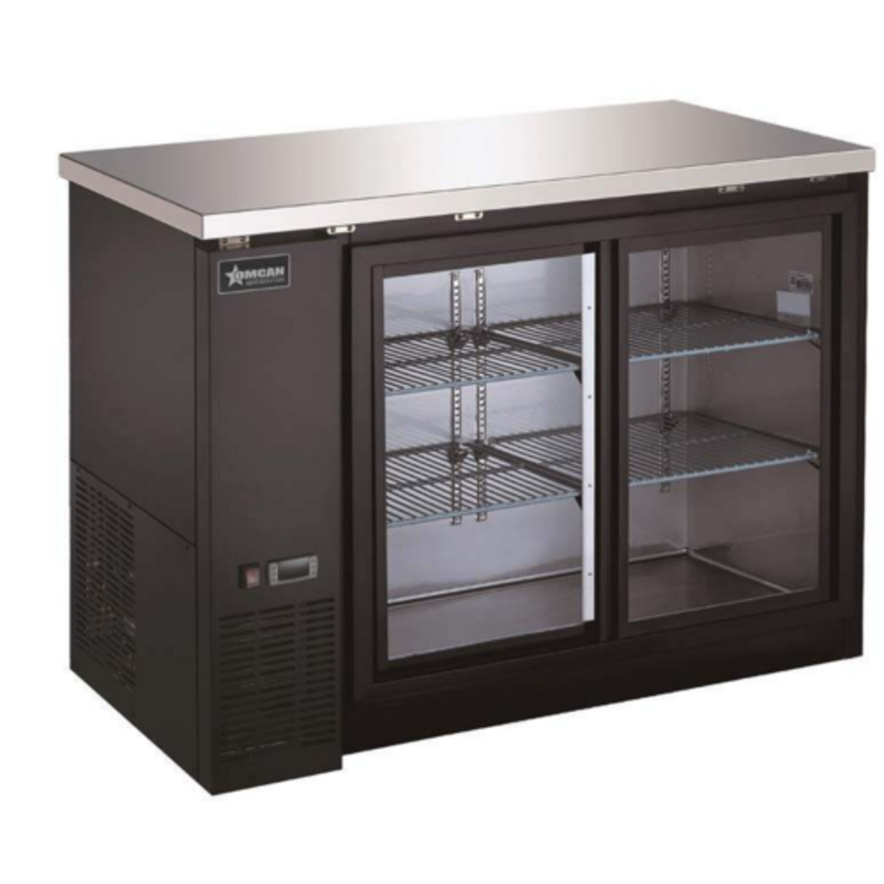Alt Tag: OMCAN 51058 48-Inch Heavy Duty Glass Door Bottle Cooler black back bar fridge with sliding glass doors and wire shelves