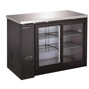 Alt Tag: OMCAN 51058 48-Inch Heavy Duty Glass Door Bottle Cooler black back bar fridge with sliding glass doors and wire shelves