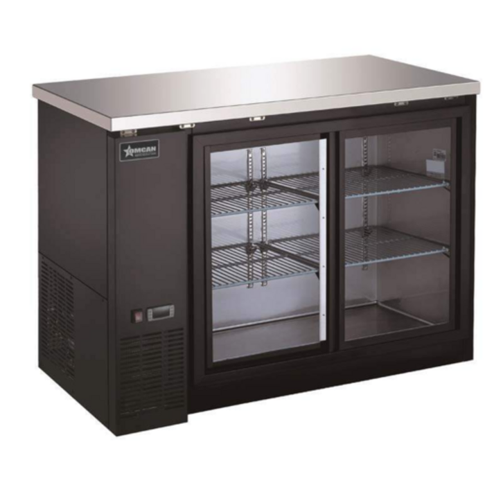 Alt Tag: OMCAN 51058 48-Inch Heavy Duty Glass Door Bottle Cooler black back bar fridge with sliding glass doors and wire shelves