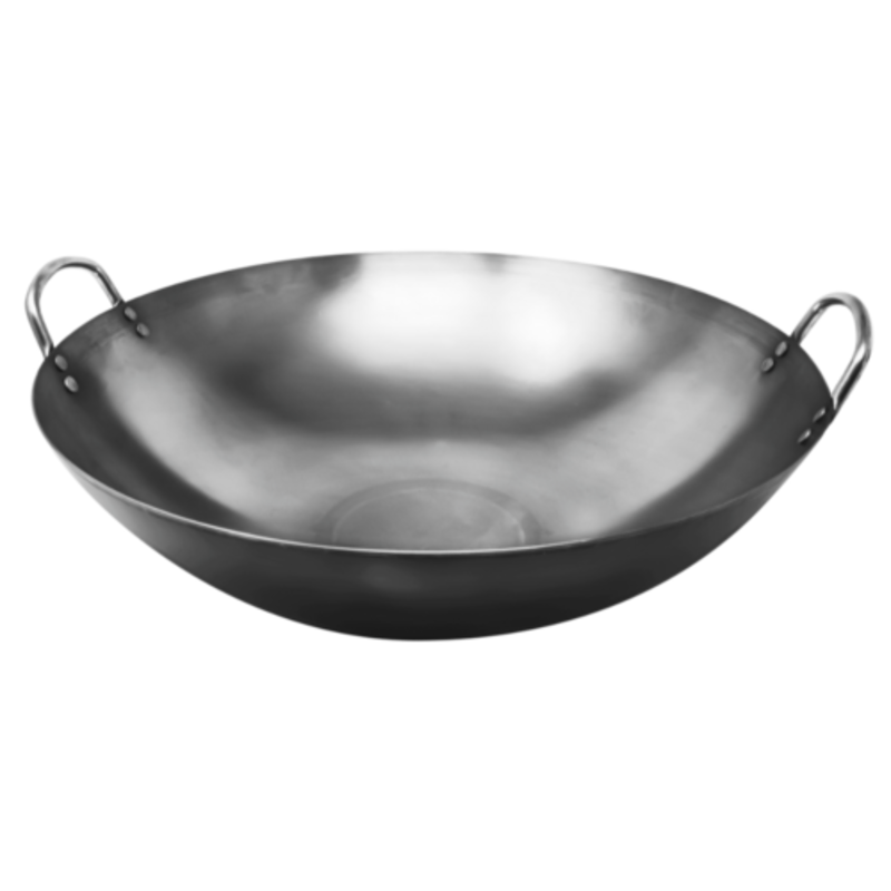 Alt Tag: Omcan 47866 14-Inch Carbon Steel Professional Wok Pan with dual loop handles, deep round-bottom wok for stir-fry cooking