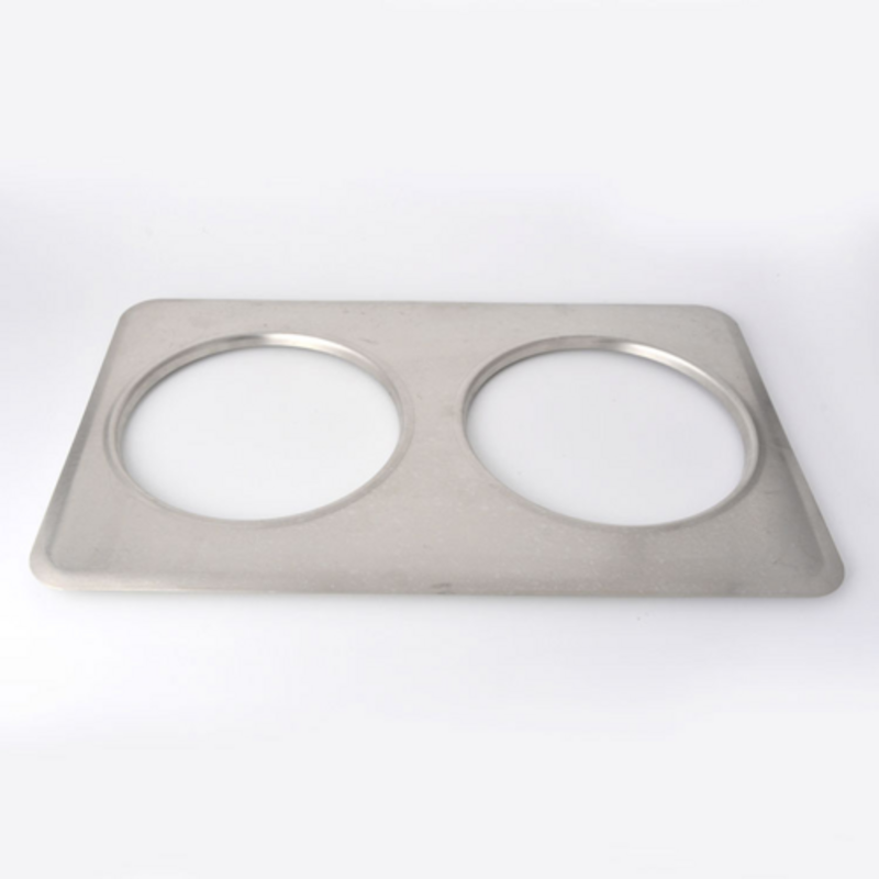 Étiquette alternative : Omcan 44849 Plaque adaptatrice en acier inoxydable de 6,4 pouces pour puits de nourriture réfrigérés, insert en acier inoxydable avec deux découpes rondes