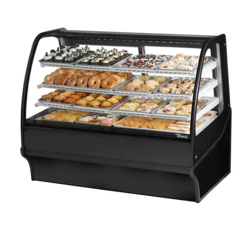 Curved Glass Bakery Display Case Filled With Assorted Pastries, Desserts, And Baked Goods