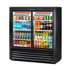 True GDM-41SL-54-HC-LD 47-1/8" Wide Two Door Glass Merchandiser Refrigerator Displaying Various Beverages.