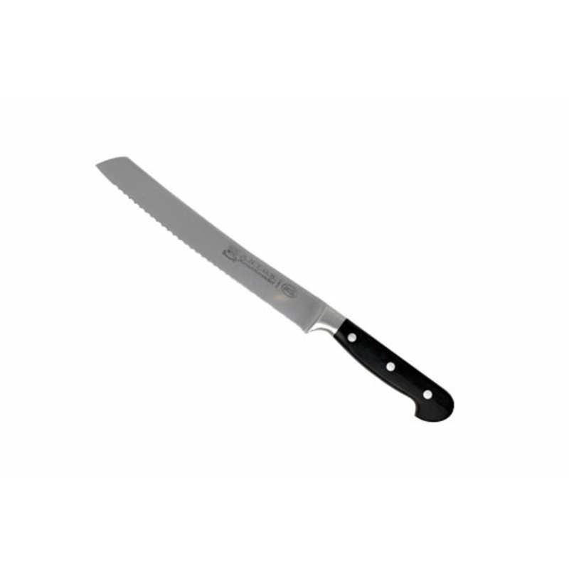 Omcan 24860 9-Inch Forged Serrated Wave Slicer Knife with a black handle and serrated edge for effortless slicing.