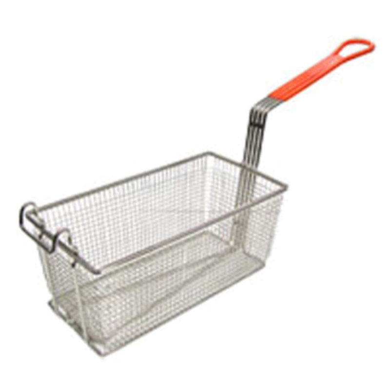 Nickel Plated Fry Basket Featuring A One-Wire Design With An Orange Handle For Efficient Deep-Frying.