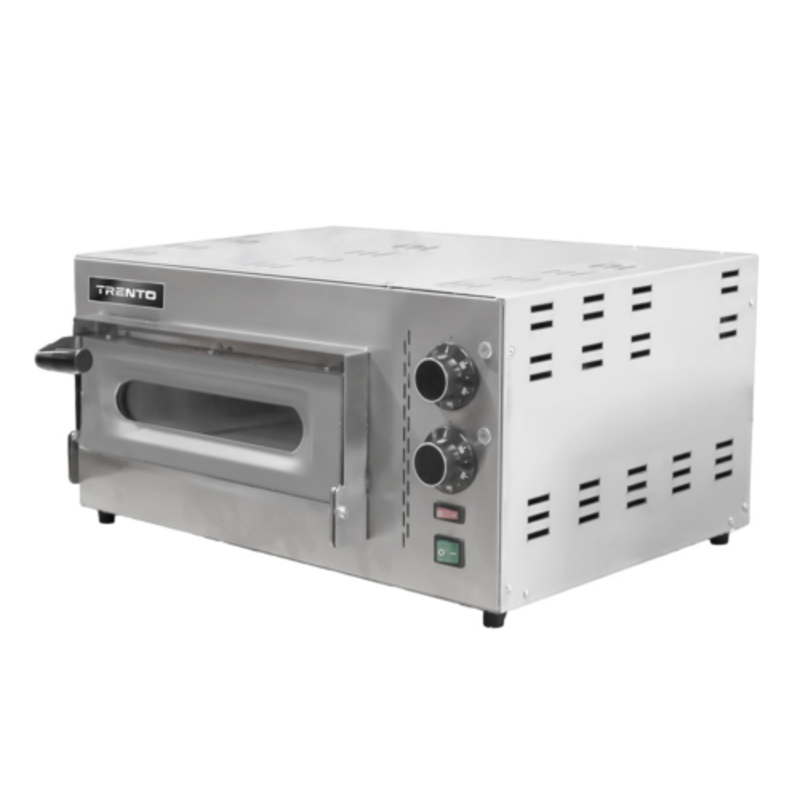 Alt Tag: Omcan 40633 Compact Single Chamber Electric Deck-Type Pizza Oven countertop single chamber stainless steel deck oven with control knobs