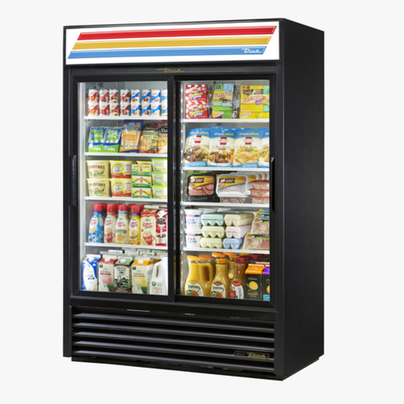 54-Inch Glass Door Refrigerator Merchandiser Displaying Various Packaged Foods And Beverages.