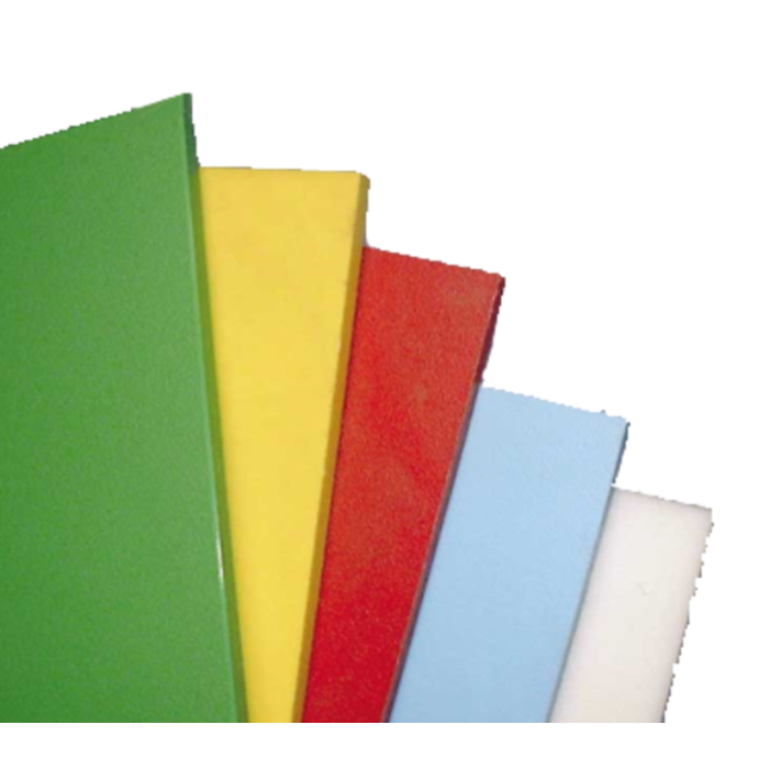 Alt Tag: Restaurant Essential White Polyethylene 3/4-inch Thick Commercial Cutting Board set, color-coded boards in green yellow red blue and white