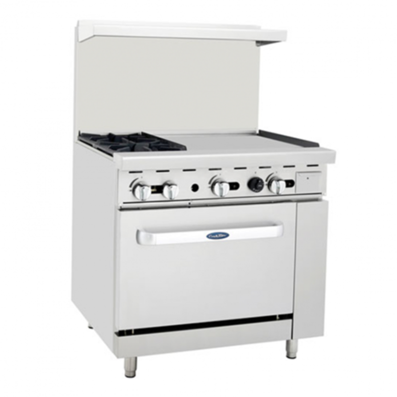 CookRite AGR-2B24GR-NG 36 Inch Natural Gas Restaurant Range With Griddle In A Commercial Kitchen Setting.