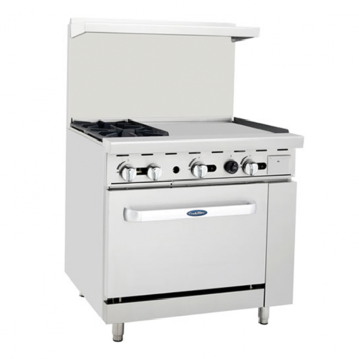CookRite AGR-2B24GR-NG 36 Inch Natural Gas Restaurant Range With Griddle In A Commercial Kitchen Setting.