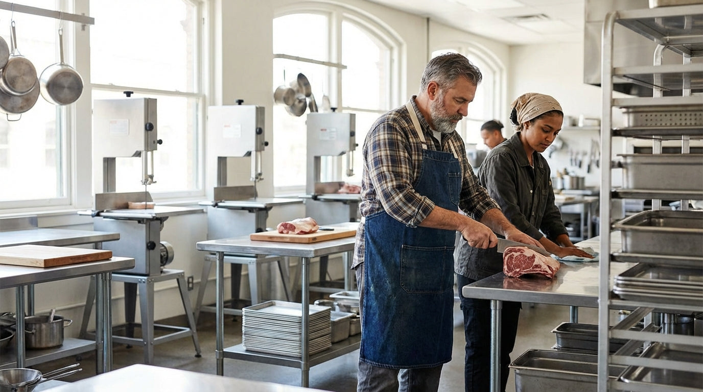 Chef and assistant preparing raw meat on stainless steel table in bright commercial kitchen