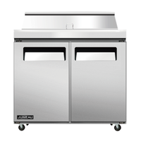 Alt Tag: OMCAN 58006 Juneau 36.4" Refrigerated Sandwich Salad Prep Table stainless steel 2-door refrigerated prep table with casters
