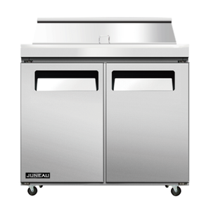 Alt Tag: OMCAN 58006 Juneau 36.4" Refrigerated Sandwich Salad Prep Table stainless steel 2-door refrigerated prep table with casters