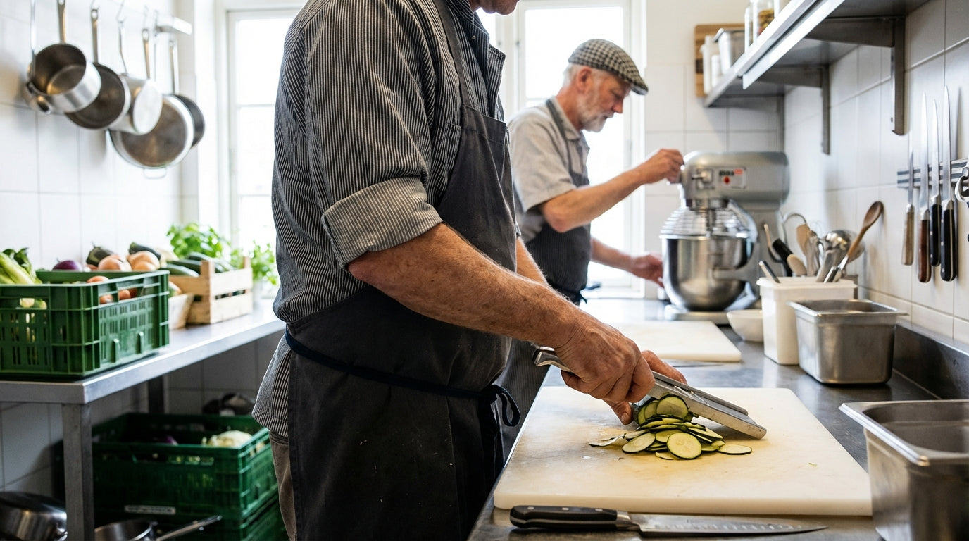Chef slicing zucchini on cutting board in professional kitchen while another cook uses a stand mixer