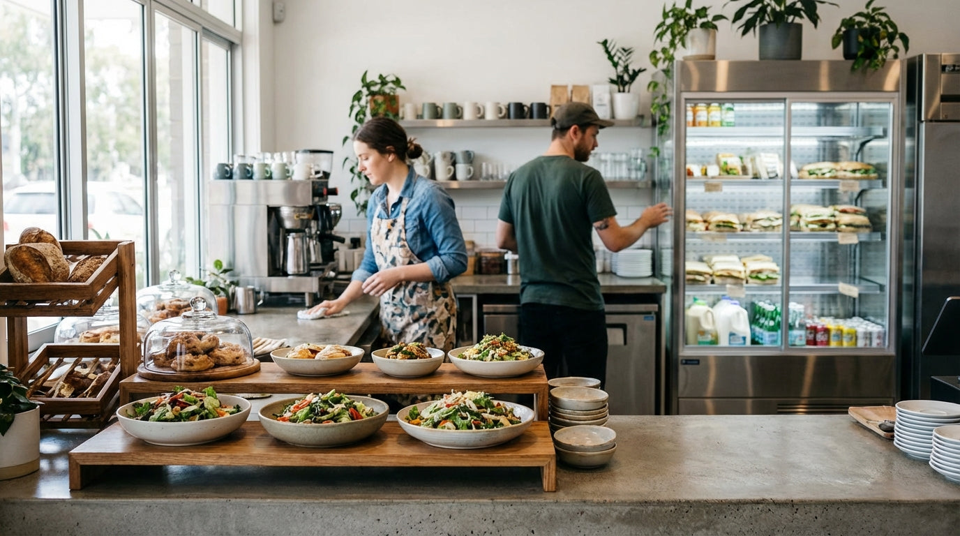 Cafe kitchen staff preparing fresh salads and pastries beside a refrigerated display case in a modern coffee shop